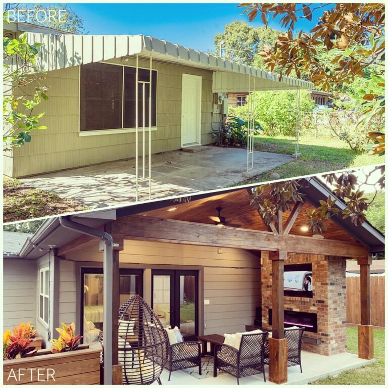 Before and after of remodeled back porch